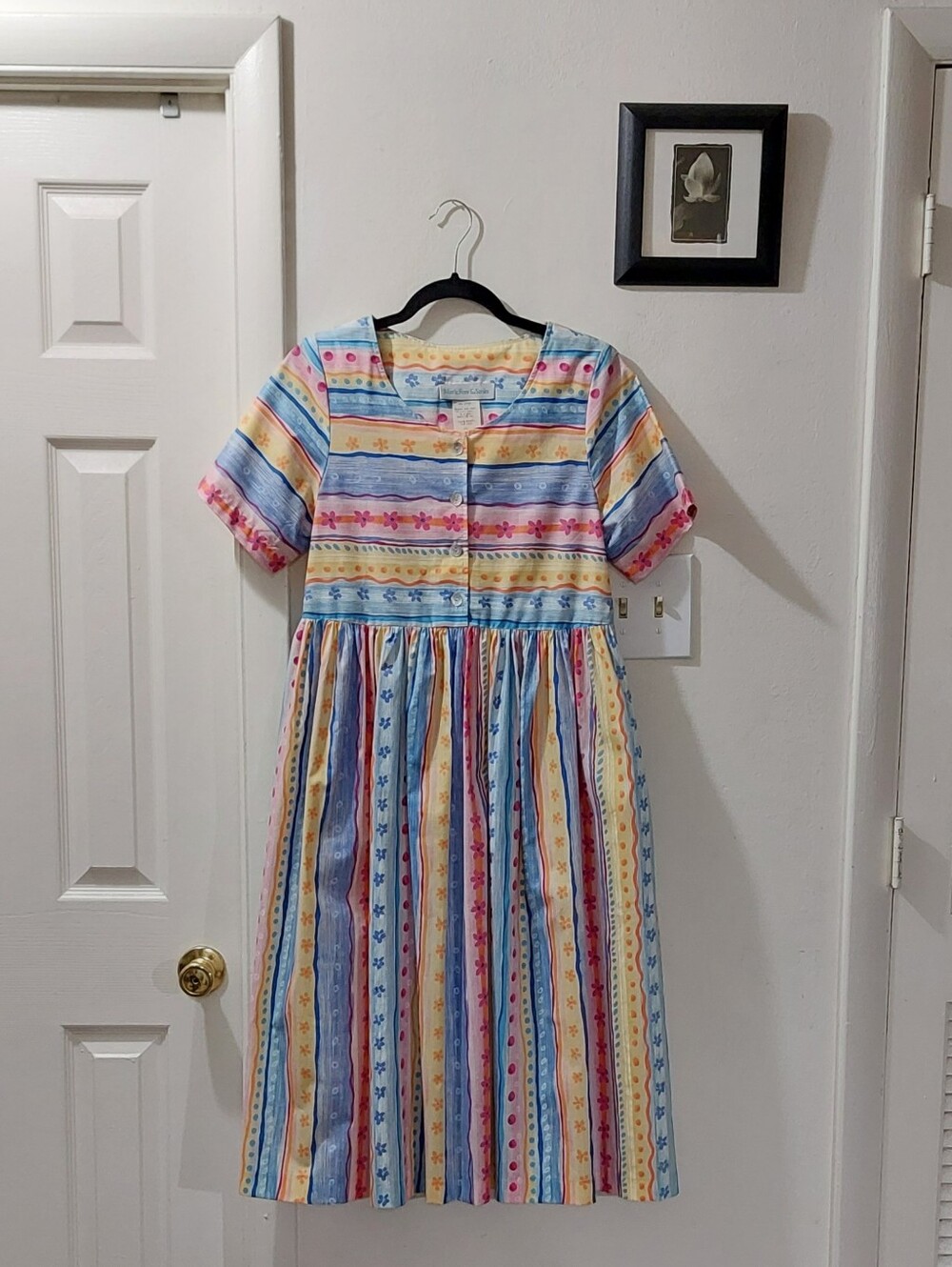 Vintage Striped Midi Dress in Blue, Pink, Yellow, Cream Pittite Small - Picture 1 of 7